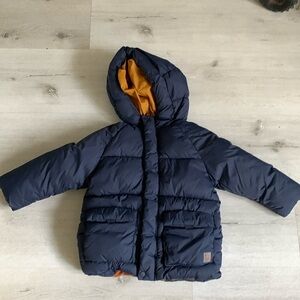 Zara boys puffer coat winter‎ navy blue hooded pocket size 4/5Y